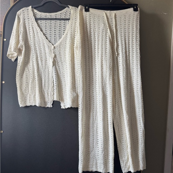 Cream Swim crotchet knit 2 piece Coverup with Flowing Palazzo Pants - Picture 3 of 10